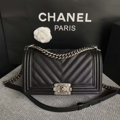 Boy Chanel Origineel Chevron Leer 67086 Zwart