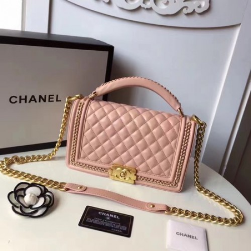Boy Chanel Top Handle Flap Bag Origineel Schapenleer A94804 Roze