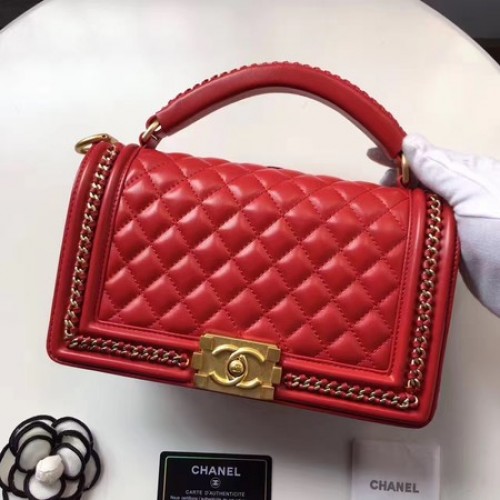 Boy Chanel Top Handle Flap Bag Origineel Schapenleer A94804 Rood