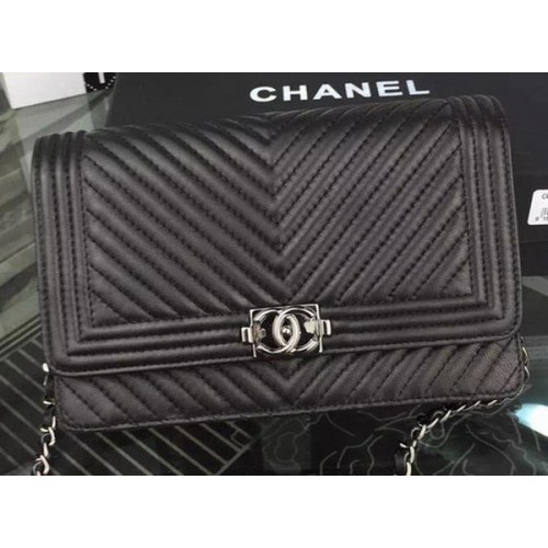 Boy Chanel WOC Flap Bag Originele Chevron Schapenvacht A53731 Zwart
