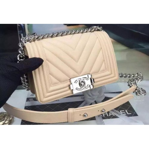 Boy Chanel mini Flap Bag Origineel Chevron Nubuck Leer A5707 Abrikoos