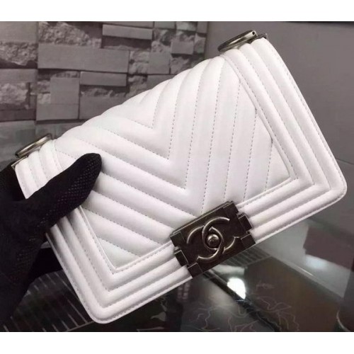 Boy Chanel mini Flap Bag Origineel Chevron Nubuck Leer A5707 Wit