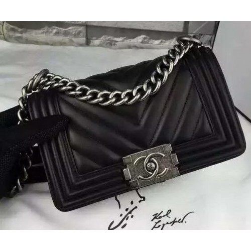 Boy Chanel mini Flap Bag Origineel Chevron Schapenvacht Leer A5707 Zwart