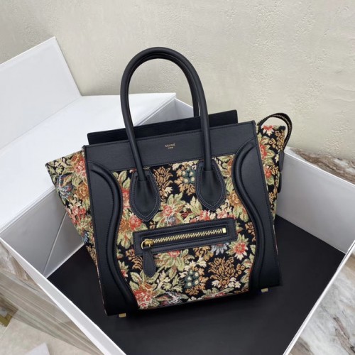 CELINE MICRO BAGAGETAS VAN BLOEMENJACQUARD EN KALFSLEER 167793 ZWART