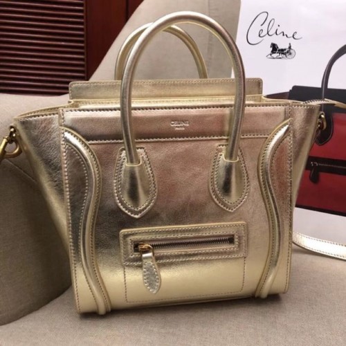 CELINE MICRO LUGGAGE HANDTAS VAN GELAMINEERD LAMSLEER 189793 GOUD