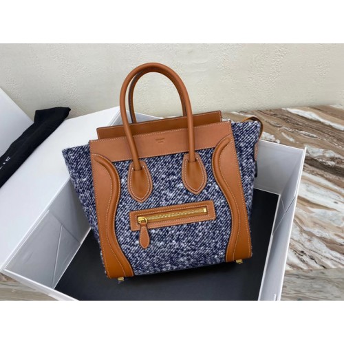 CELINE MICRO LUGGAGE HANDTAS VAN TEXTIEL EN KALFSLEER 167793 TAN&BLUE