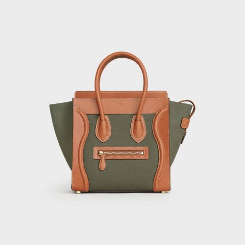 CELINE MICRO LUGGAGE HANDTAS VAN TEXTIEL EN KALFSLEER 167793 TAN&Khaki