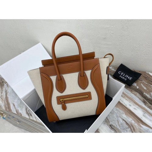 CELINE MICRO LUGGAGE HANDTAS VAN TEXTIEL EN KALFSLEER 167793 TAN&WHITE