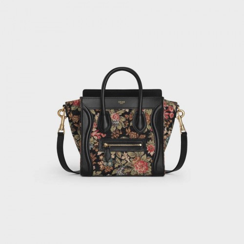 CELINE NANO BAGAGETAS IN BLOEMENJACQUARD EN KALFSLEER 189242 ZWART