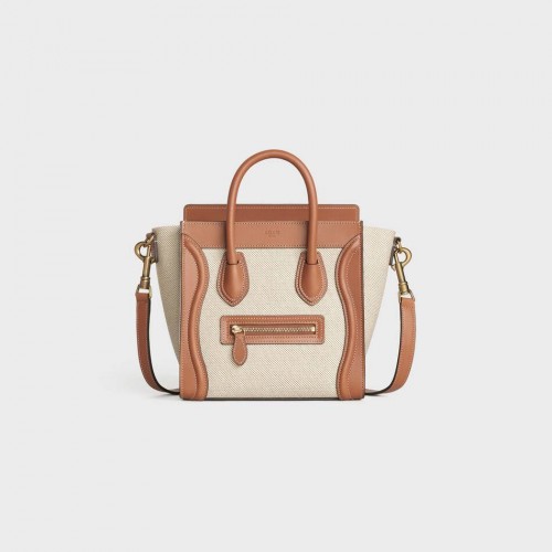 CELINE NANO BAGAGETAS VAN BLOEMENJACQUARD EN KALFSLEER 189242 TAN&WHITE