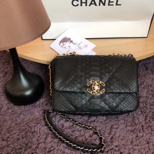 CHANEL 19 Flap Bag Originele slangenhuid flap bag AS1160 Zwart
