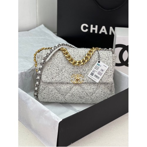 CHANEL 19 HANDTAS Cotton Tweed AS1161 wit