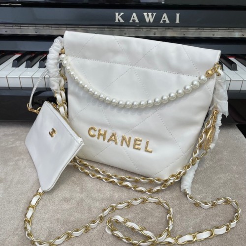 CHANEL MINI 22 HANDTAS Metallic Kalfsleer goud Metaal AS3989 WIT