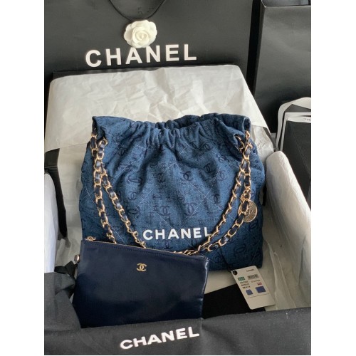 CHANEL 22 HANDTAS Denim AS3260 blauw&wit