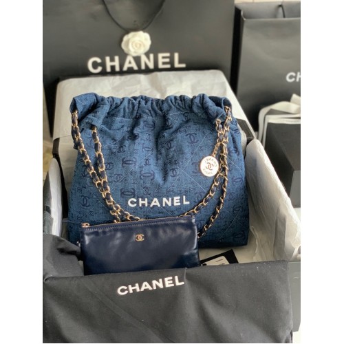 CHANEL 22 HANDTAS Denim AS3261 blauw&wit