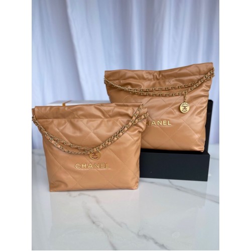 CHANEL 22 HANDTAS Glanzend kalfsleer Goudkleurig metaal AS3261 AS3260 Bruin