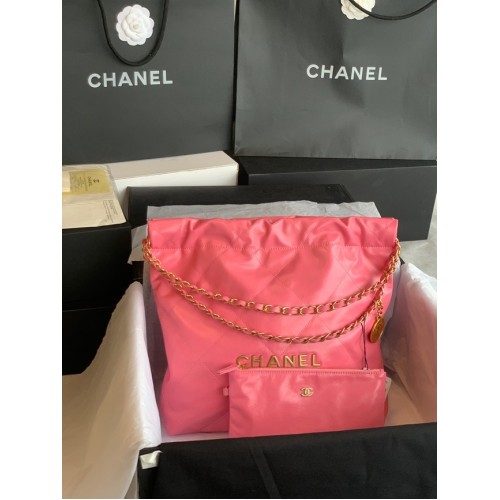 CHANEL 22 HANDTAS Glanzend kalfsleer goudkleurig metaal AS3261 roze