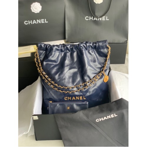 CHANEL 22 HANDTAS Glanzend kalfsleer goudkleurig metaal AS3262 donkerblauw