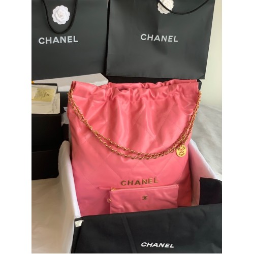 CHANEL 22 HANDTAS Glanzend kalfsleer goudkleurig metaal AS3262 roze