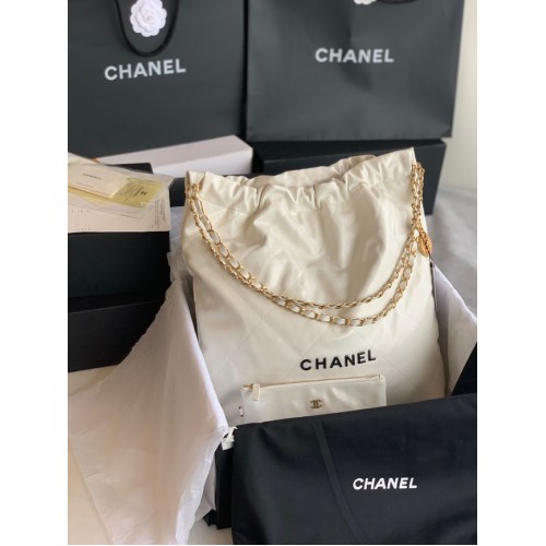 CHANEL 22 HANDTAS Glanzend kalfsleer goudkleurig metaal AS3262 wit&zwart