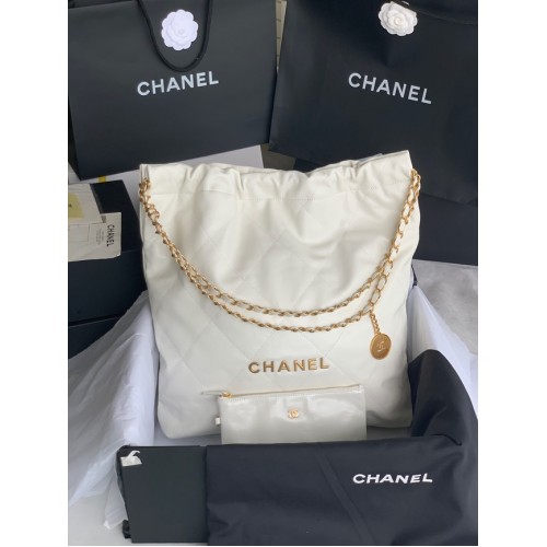 CHANEL 22 HANDTAS Glanzend kalfsleer goudkleurig metaal AS3262 wit&goud