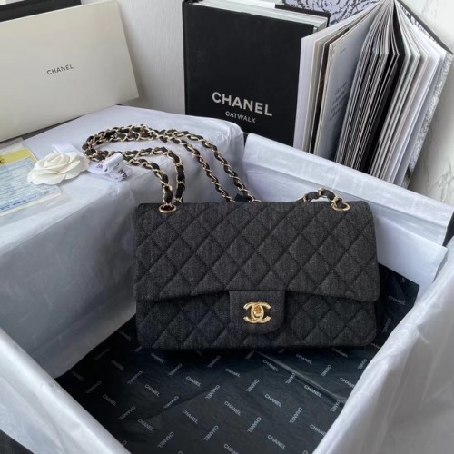 CHANEL CLASSIC HANDTAS Bedrukt denim goudkleurig metaal 1112 ZWART