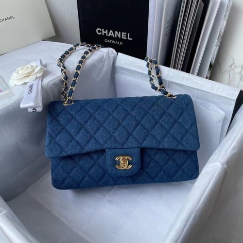 CHANEL CLASSIC HANDTAS Bedrukt denim goudkleurig metaal 1112 BLAUW