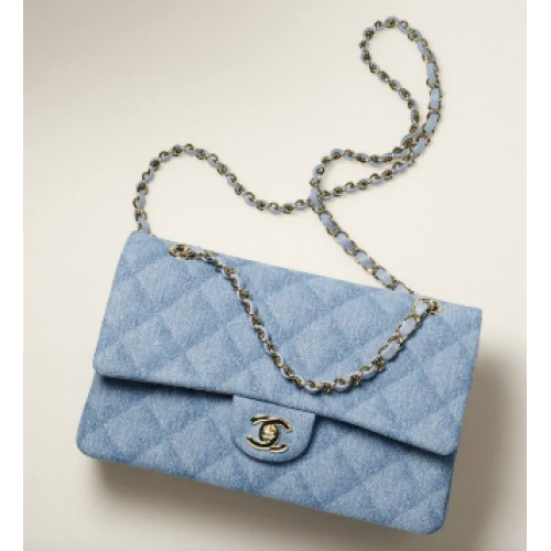 CHANEL CLASSIC HANDTAS Bedrukt denim goudkleurig metaal 1112 lichtblauw