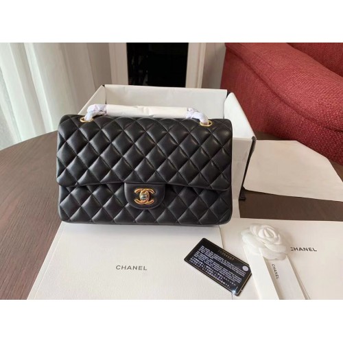 CHANEL Classic Handtas Lamsleer Zwart 01112 goudkleurig metaal