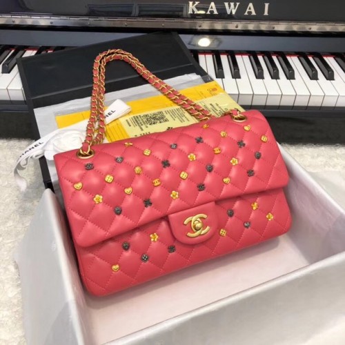 CHANEL Klassieke handtas Lamsleer Goudkleurig metaal met rutheniumafwerking A01112 roze
