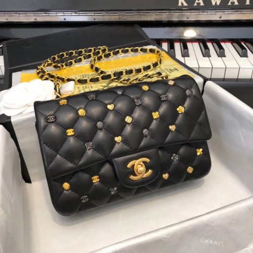 CHANEL Klassieke Handtas Lamsleer Goudkleurig metaal met rutheniumafwerking A01116 Zwart