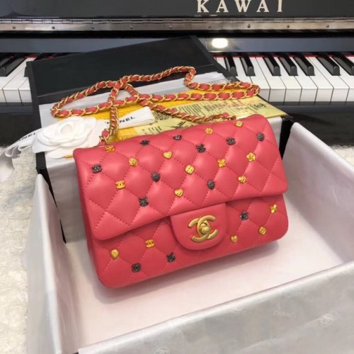 CHANEL Klassieke handtas Lamsleer goudkleurig ruthenium-afwerking metaal A01116 rood