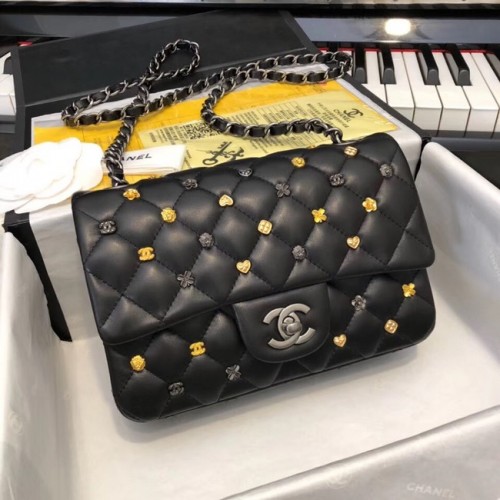 CHANEL Klassieke handtas Lamsleer Zilverkleurig metaal met rutheniumafwerking A01116 Zwart