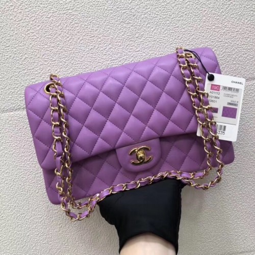 CHANEL Klassieke handtas Lamsleer paars 1112 goudkleurig metaal