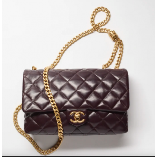 CHANEL FLAP TAS Lamsleer Goudkleurig metaal AS3609 Donkerbruin