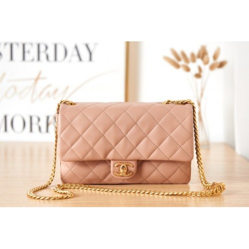 CHANEL FLAP BAG Goudkleurig lamsleer AS3609 roze