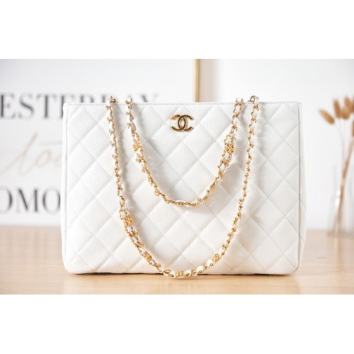 CHANEL BOODSCHAPPENTAS AS3583 van goudkleurig metaal van generfd kalfsleer, wit