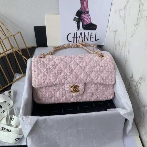 CHANEL MEDIUM Flap Bag Tweed Gevlochten Kalfsleer Goudkleurig Metaal 1112 roze