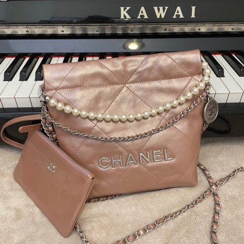 CHANEL MINI 22 HANDTAS Metallic Kalfsleer Zilver Metaal AS3989 ROZE