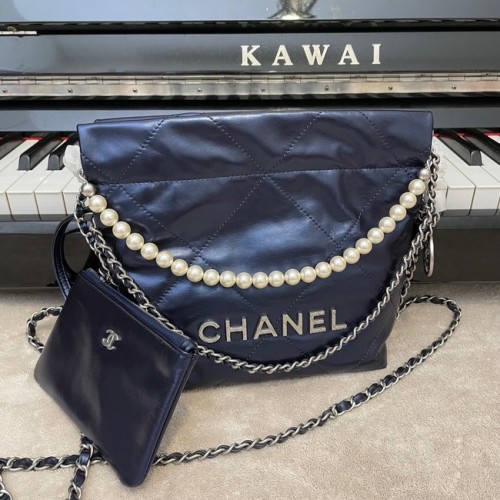 CHANEL MINI 22 HANDTAS Metallic Kalfsleer Zilver Metaal AS3989 Koningsblauw