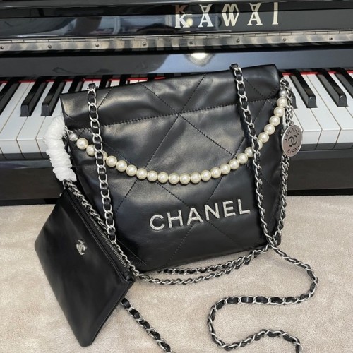 CHANEL MINI 22 HANDTAS Metallic Kalfsleer Zilver Metaal AS3989 zwart