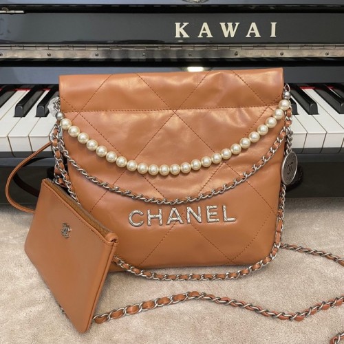 CHANEL MINI 22 HANDTAS Metallic Kalfsleer Zilver Metaal AS3989 bruin