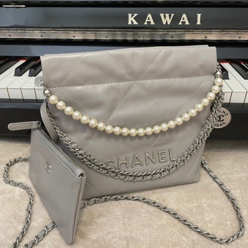 CHANEL MINI 22 HANDTAS Metallic Kalfsleer Zilver Metaal AS3989 grijs