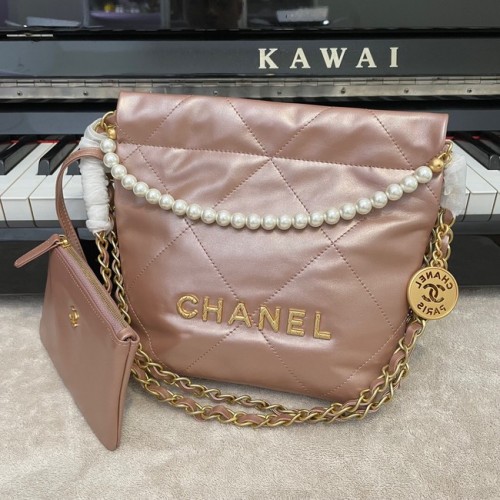 CHANEL MINI 22 HANDTAS Metallic kalfsleer goud Metal AS3989 roze