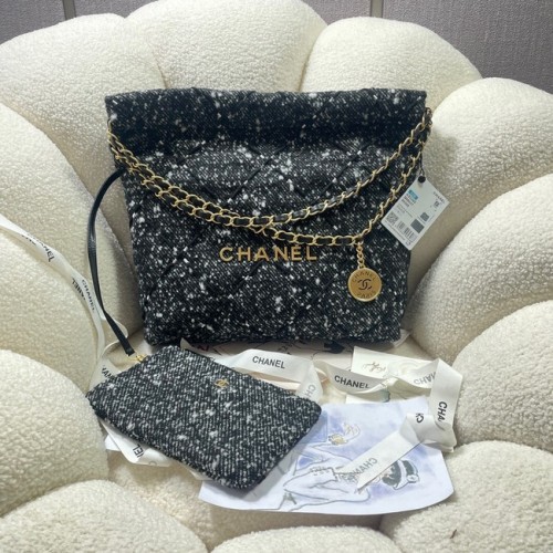 CHANEL KLEINE 22 HANDTAS Tweed goudkleurig metaal AS3260 ZWART