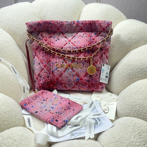 CHANEL KLEINE 22 HANDTAS Tweed Goudkleurig Metaal AS3260 ROZE