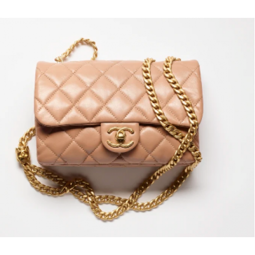 CHANEL KLEINE FLAPTAS Lamsleer Goudkleurig Metaal AS3393 roze