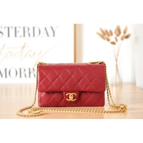 CHANEL KLEINE FLAPTAS Lamsleer goudkleurig metaal AS3393 rood