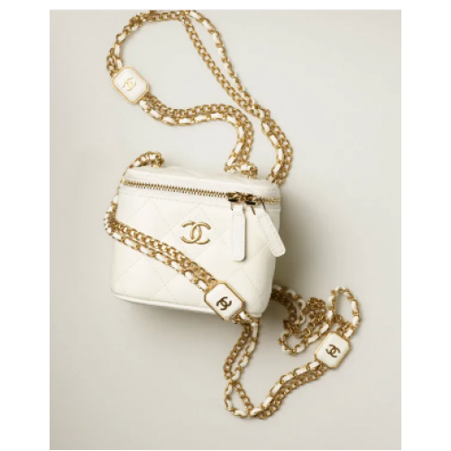 CHANEL KLEINE VANITY MET KETTING Lamsleer Goudkleurig Metaal AP2931 Wit