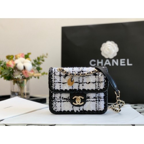 CHANEL Tweed gevlochten kalfsleer goudkleurig metaal AS6075 zwart